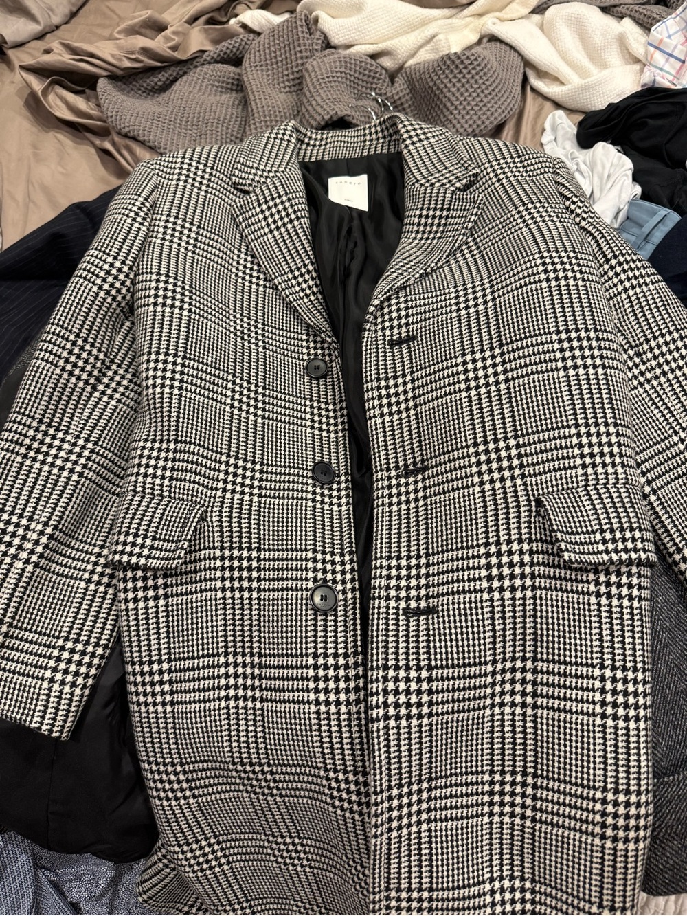Checked Wool-Blend Overcoat - Black & White- Sandro men